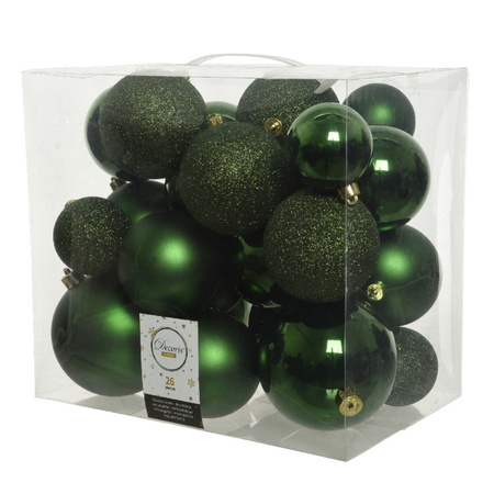 26x stuks kunststof kerstballen donkergroen (pine) 6-8-10 cm glans/mat/glitter