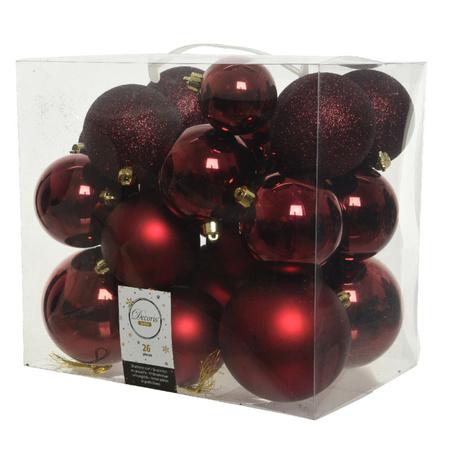 26x stuks kunststof kerstballen donkerrood (oxblood) 6-8-10 cm 