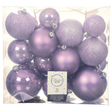 26x Plastic christmas baubles heather lilac purple 6-8-10 cm