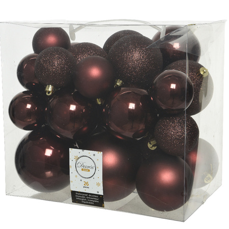 Set van 26x stuks kunststof kerstballen incl. glazen piek glans mahonie bruin