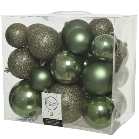 Set van 26x stuks kunststof kerstballen incl. glazen piek mat mosgroen