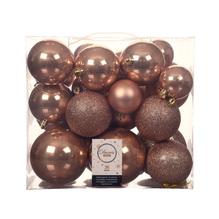 Set van 26x stuks kunststof kerstballen incl. glazen piek glans toffee bruin