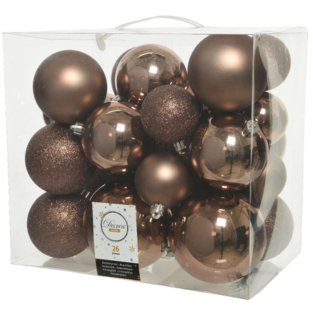 Set van 26x stuks kunststof kerstballen incl. glazen piek glans walnoot bruin