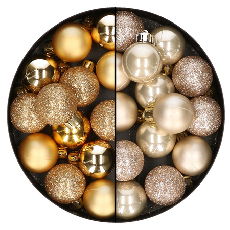 28x stuks kleine kunststof kerstballen champagne en goud 3 cm