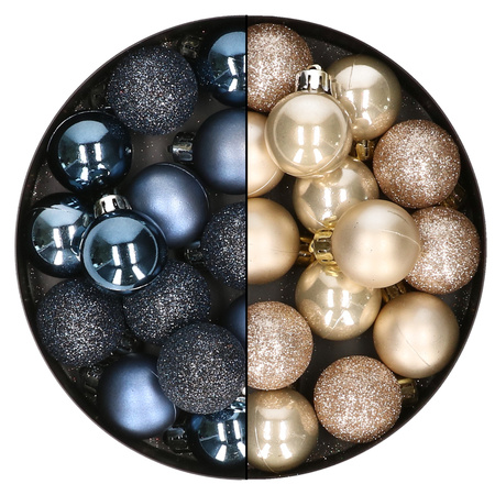 28x stuks kleine kunststof kerstballen donkerblauw en champagne 3 cm