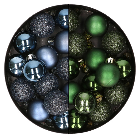 28x stuks kleine kunststof kerstballen donkerblauw en donkergroen 3 cm