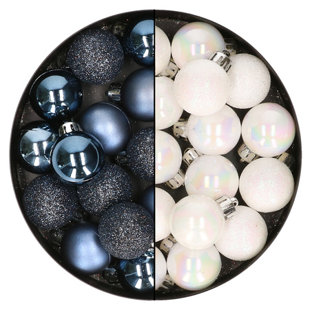 28x stuks kleine kunststof kerstballen donkerblauw en parelmoer wit 3 cm