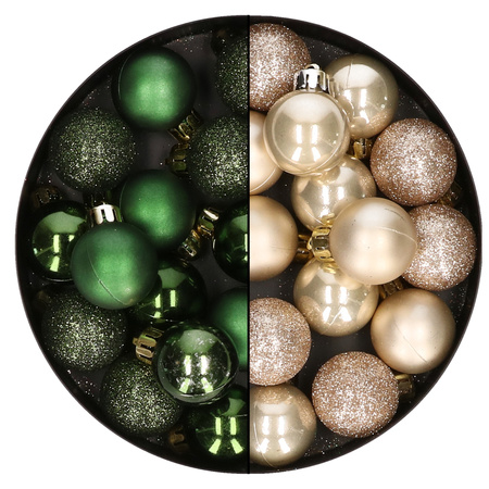 28x pcs plastic christmas baubles pearl champagne and dark green mix 3 cm