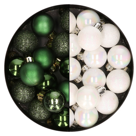 28x stuks kleine kunststof kerstballen donkergroen en parelmoer wit 3 cm