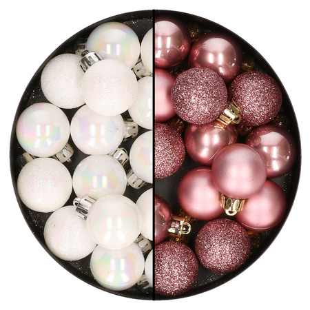 28x stuks kleine kunststof kerstballen dusty roze en parelmoer wit 3 cm