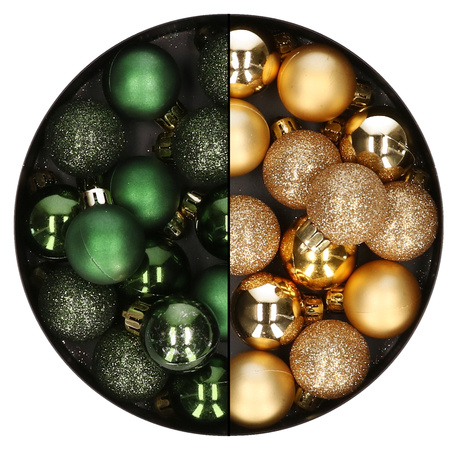 28x stuks kleine kunststof kerstballen goud en donkergroen 3 cm