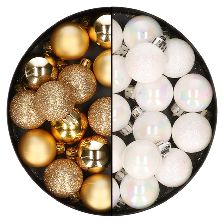 28x stuks kleine kunststof kerstballen goud en parelmoer wit 3 cm