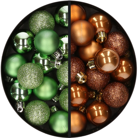 28x stuks kleine kunststof kerstballen groen en bruin 3 cm