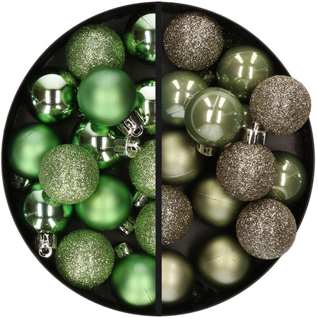 28x stuks kleine kunststof kerstballen groen en leger groen 3 cm