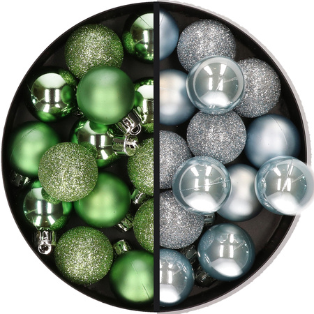 28x stuks kleine kunststof kerstballen groen en lichtblauw 3 cm