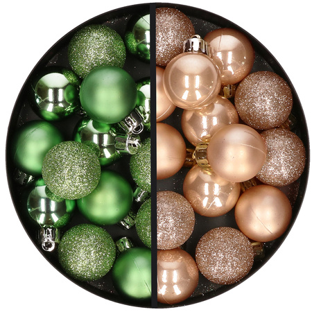 28x stuks kleine kunststof kerstballen groen en lichtbruin 3 cm