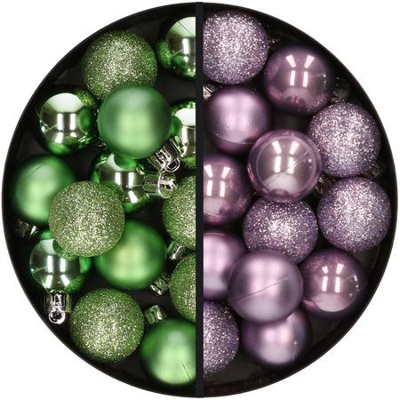 28x stuks kleine kunststof kerstballen groen en lila paars 3 cm