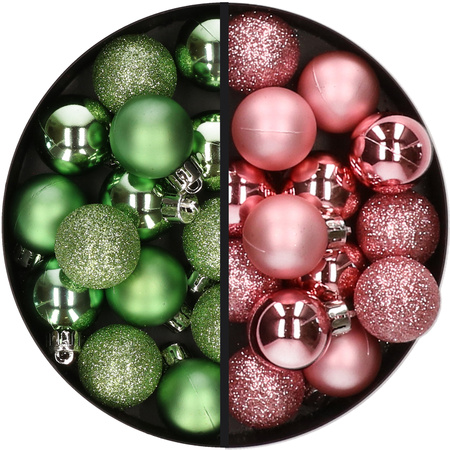 28x stuks kleine kunststof kerstballen groen en roze 3 cm