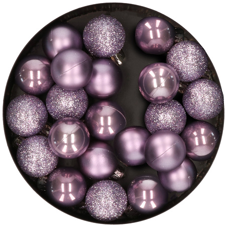 28x stuks kleine kunststof kerstballen heide lila paars roze 3 cm