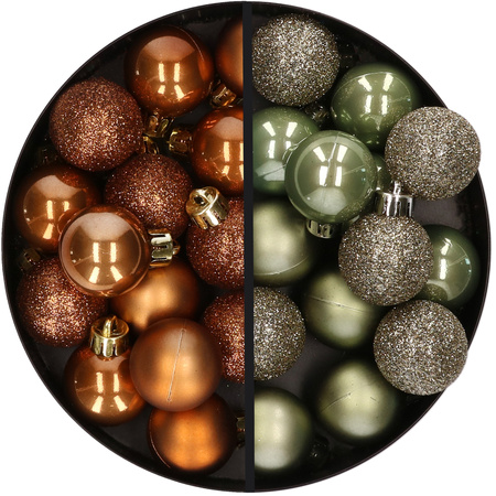 28x stuks kleine kunststof kerstballen legergroen en bruin 3 cm