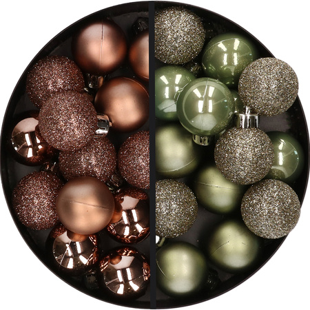 28x stuks kleine kunststof kerstballen legergroen en bruin 3 cm