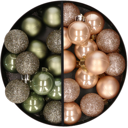 28x stuks kleine kunststof kerstballen legergroen en lichtbruin 3 cm