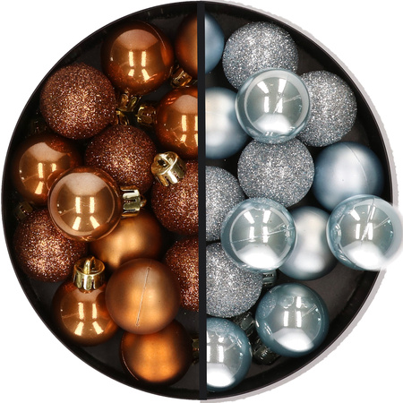 28x stuks kleine kunststof kerstballen lichtblauw en bruin 3 cm
