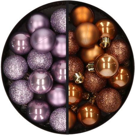 28x stuks kleine kunststof kerstballen lila paars en bruin 3 cm