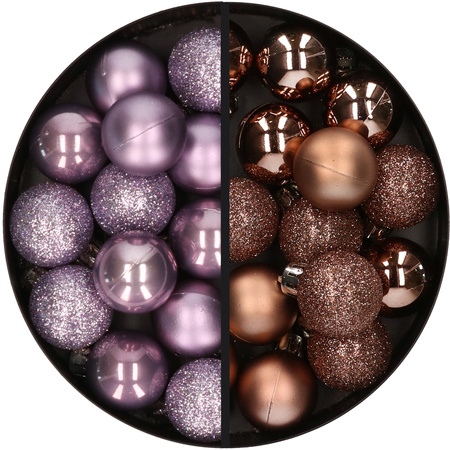 28x stuks kleine kunststof kerstballen lila paars en bruin 3 cm