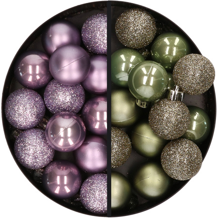 28x stuks kleine kunststof kerstballen lila paars en legergroen 3 cm
