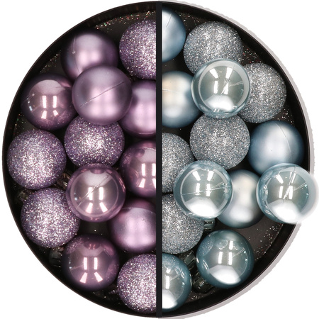28x stuks kleine kunststof kerstballen lila paars en lichtblauw 3 cm