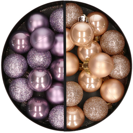 28x stuks kleine kunststof kerstballen lila paars en lichtbruin 3 cm