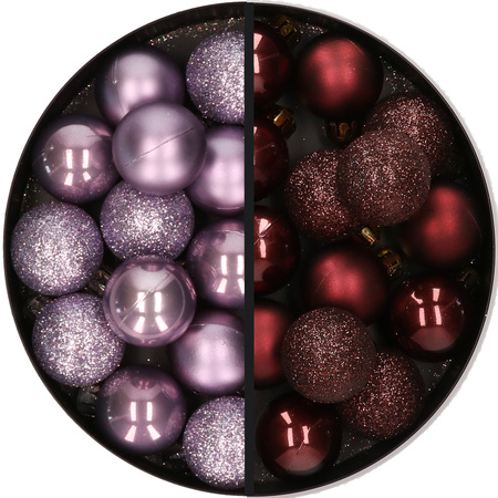28x stuks kleine kunststof kerstballen lila paars en mahonie bruin 3 cm