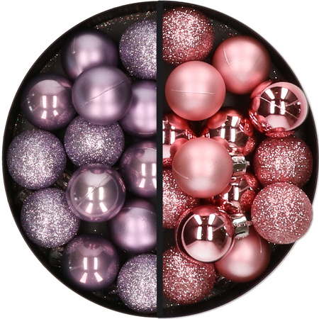 28x stuks kleine kunststof kerstballen lila paars en roze 3 cm
