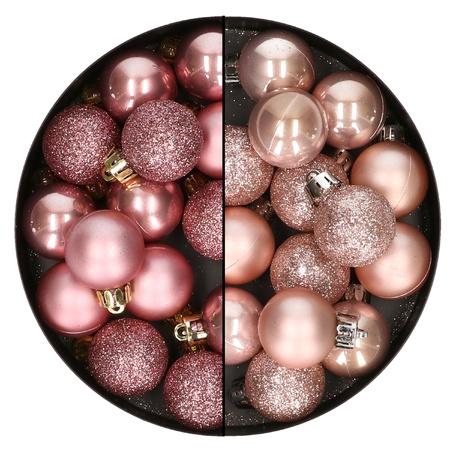 28x pcs plastic christmas baubles light pink and old pink mix 3 cm