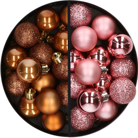 28x stuks kleine kunststof kerstballen roze en bruin 3 cm