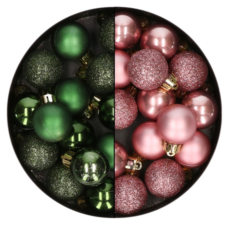 28x pcs plastic christmas baubles dark green and old pink mix 3 cm