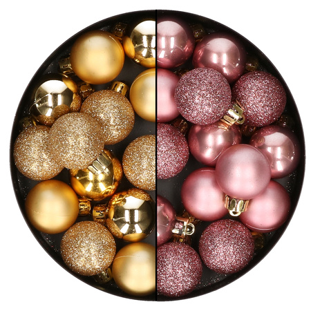 28x pcs plastic christmas baubles gold and old pink mix 3 cm