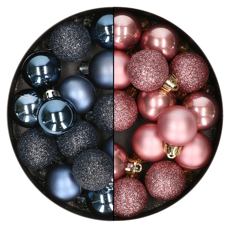 28x pcs plastic christmas baubles dark blue and old pink mix 3 cm