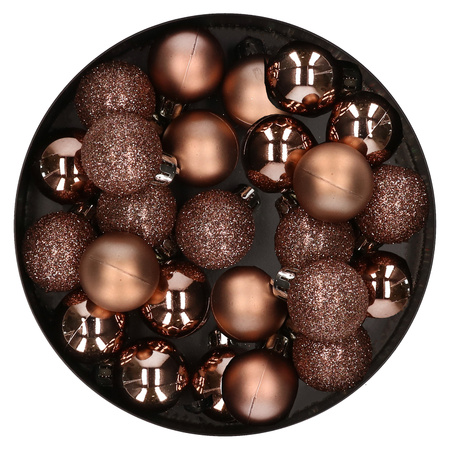 28x stuks kleine kunststof kerstballen walnoot bruin 3 cm