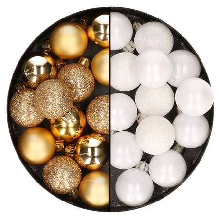 28x stuks kleine kunststof kerstballen wit en goud 3 cm