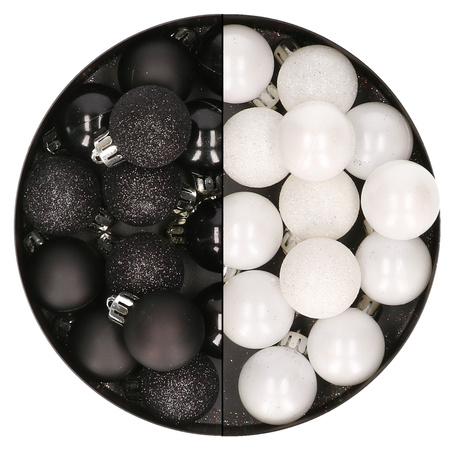 28x stuks kleine kunststof kerstballen wit en zwart 3 cm