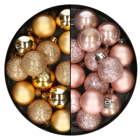28x stuks kleine kunststof kerstballen zachtroze en goud 3 cm