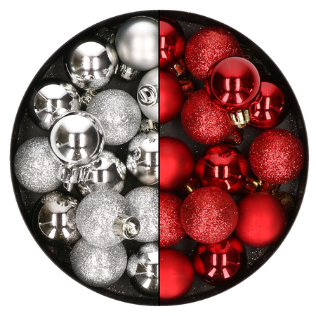 28x stuks kleine kunststof kerstballen zilver en rood 3 cm