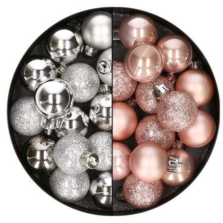 28x pcs plastic christmas baubles light pink and silver mix 3 cm
