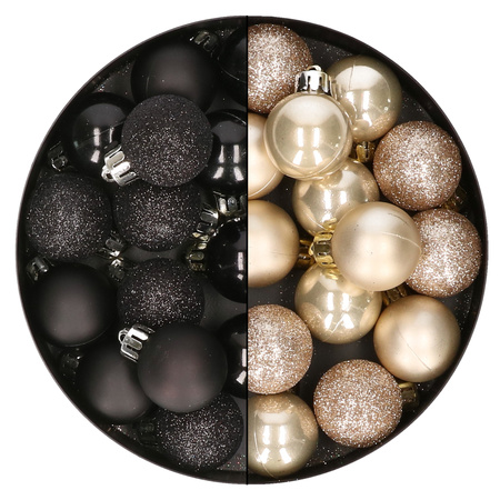 28x stuks kleine kunststof kerstballen zwart en champagne 3 cm