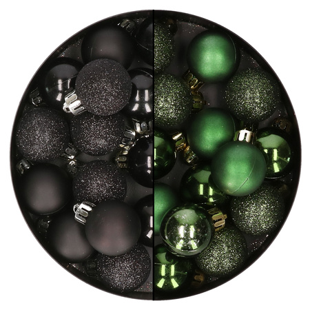 28x stuks kleine kunststof kerstballen zwart en dennengroen 3 cm