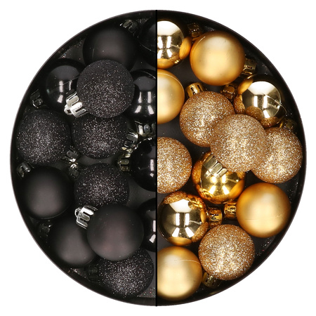 28x stuks kleine kunststof kerstballen zwart en goud 3 cm