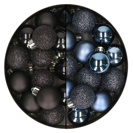 28x stuks kleine kunststof kerstballen zwart en nachtblauw 3 cm