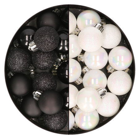 28x stuks kleine kunststof kerstballen zwart en parelmoer wit 3 cm